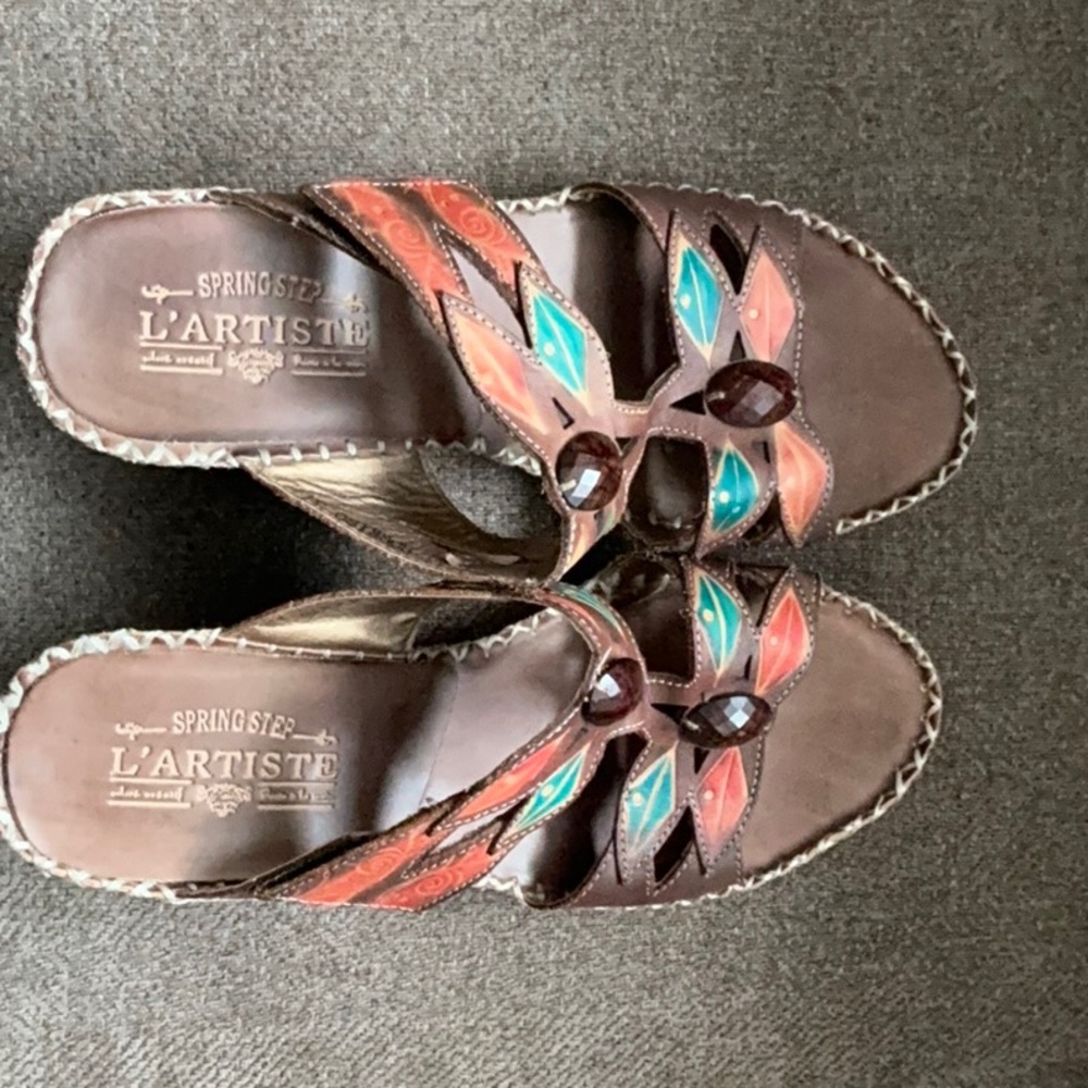 Red and Brown Sandals with Braided Straps and Flat Sole